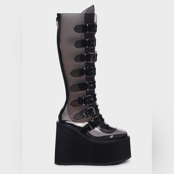 DEMONIA Trinity Clear Vinyl Knee High Platform Boots Buckles Smoke Gray Black 9 - Picture 14 of 14